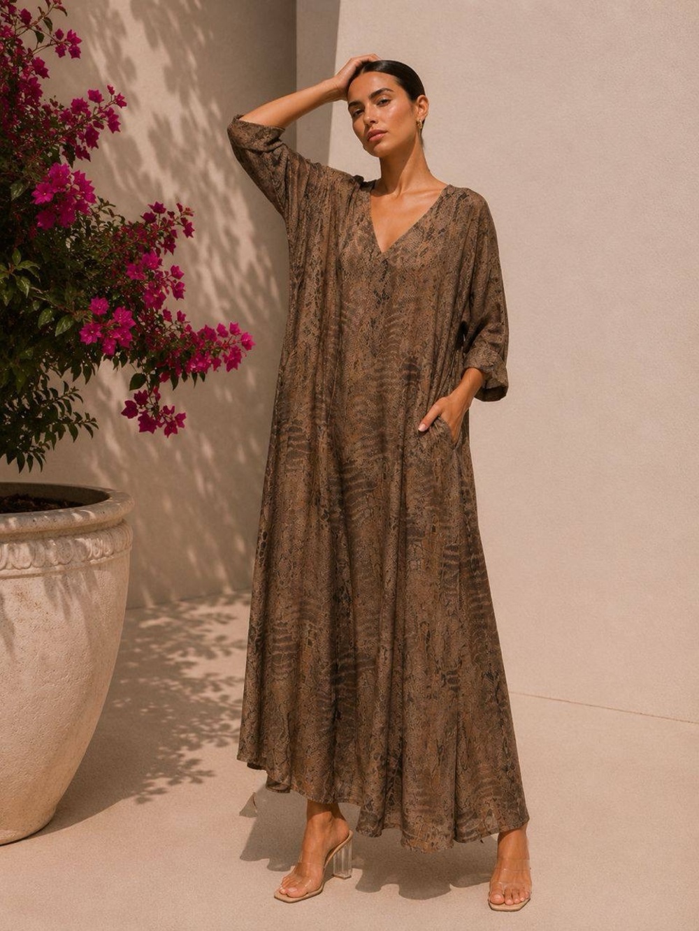 Italy 🇮🇹Brown V-Neck Maxi Dress with Subtle Print